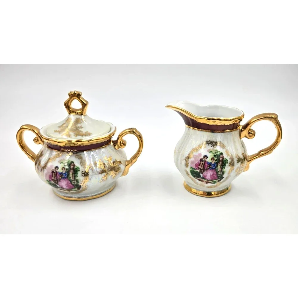 Vintage Victorian SUGAR & CREAMER with GOLD TRIM Floral Cameo Scene Iridescent